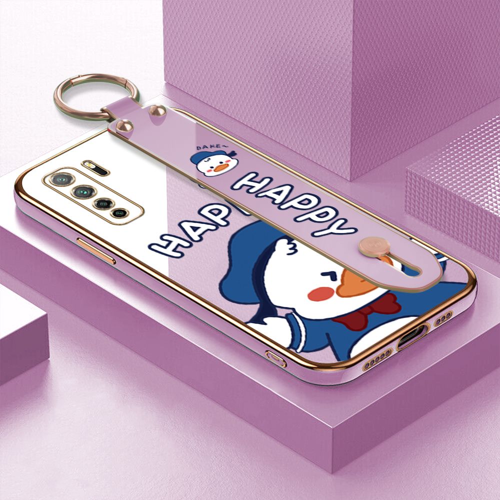 TA for Huawei Nova 7 SE Wrist Strap Back Cover Cute Duck Fashion Luxury 6D Plating Soft Casing Silicone Square Frame Phone Case