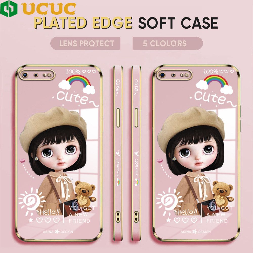 UCUC for iPhone 7 Plus 8 Plus Back Cover + Free Lanyard Sunshine Girl Luxury 6D Plating Case Side Pattern Soft Silicone Square Phone Cases