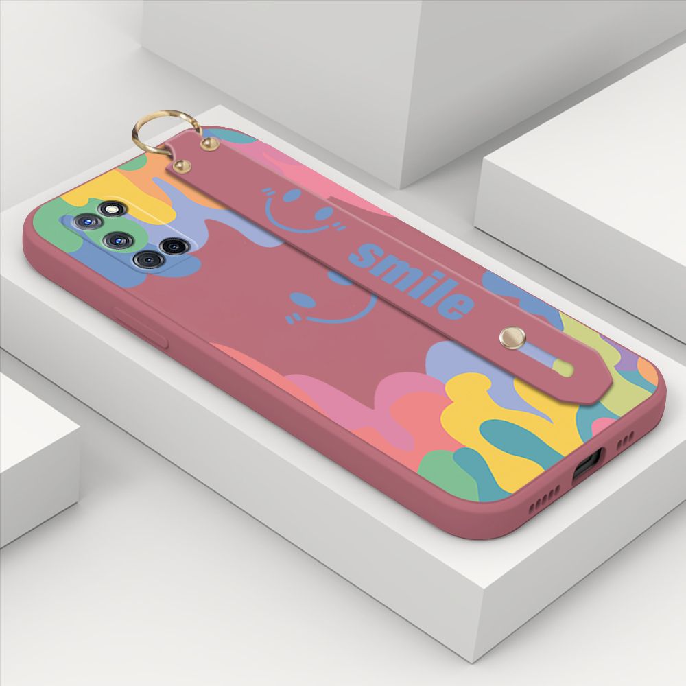 ZeroQiQi for OPPO A52 Wrist Strap Case Soft Candy Color Splash Ink Cover Trend Square Printed Pattern Liquid Silicone Phone Case