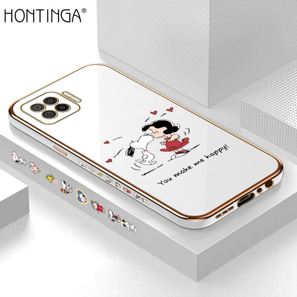 Hontinga for OPPO F17 A73 2020 Back Cover + Free Lanyard Luxury 6D Plating Happy Puppy and Girl Side Pattern Case Soft Silicone Square Mobile Cover