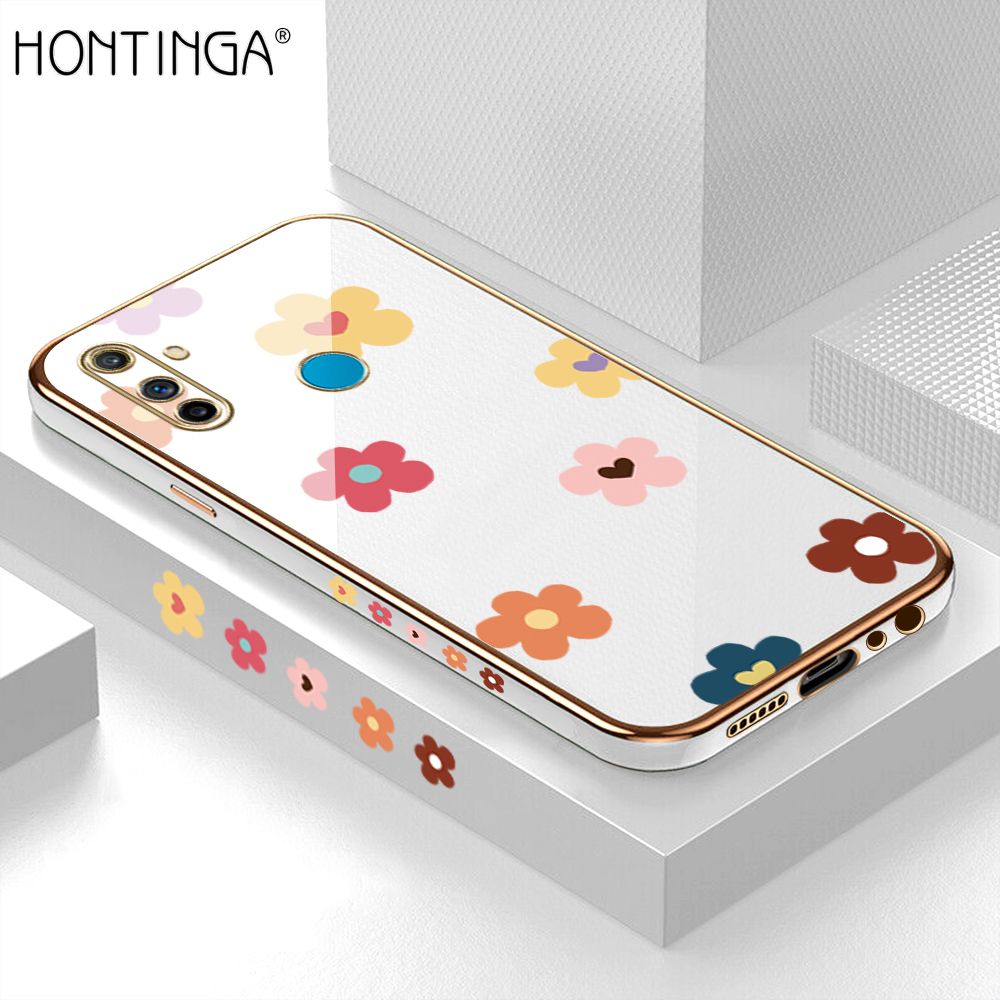 Hontinga for Realme C3 Back Cover + Free Lanyard Luxury 6D Plating Falling Flower Side Pattern Case Soft Silicone Square Mobile Cover