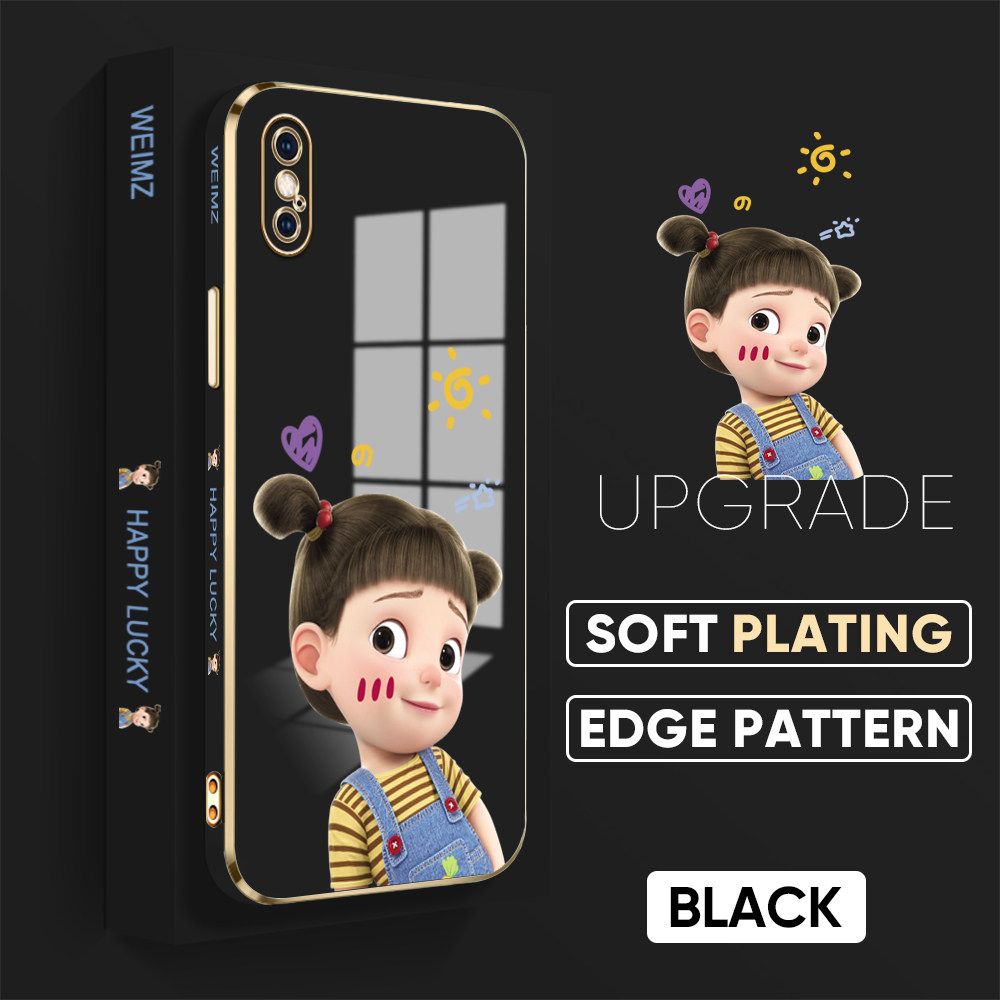 Jizetin (Free Lanyard) iPhone X / XS Back Cover Double Ponytail Girl Luxury 6D Plating Case Side Pattern Soft Silicone Square Mobile Phone Cases