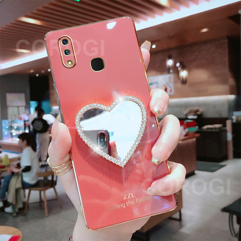 For Vivo Y91 Cover with Makeup Mirror Shiny Plating Square Bumper Girls Phone Case Soft TPU Silicone Shockproof Protective Back Cover