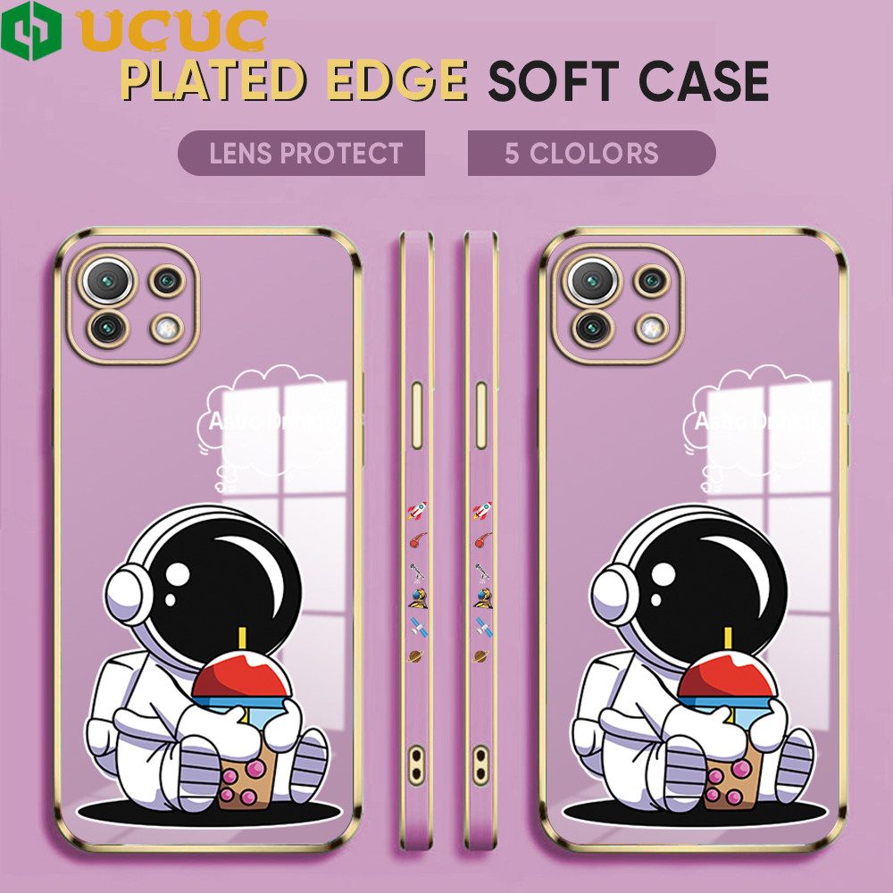 UCUC for Xiaomi Mi 11 Lite 5G / Mi 11 Lite / 11 Lite 5G NE Back Cover + Free Lanyard Cute Astronaut Luxury 6D Plating Case Side Pattern Soft Silicone Square Phone Cases