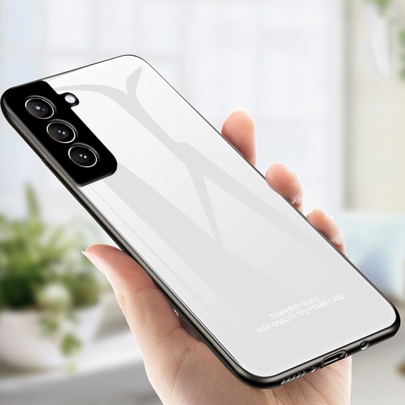 Biruiqu For Samsung Galaxy S21 S21+ S21 Plus S21 Ultra Case Shockproof Tempered Glass Back Soft Silicone Edge Black Case Cover Casing