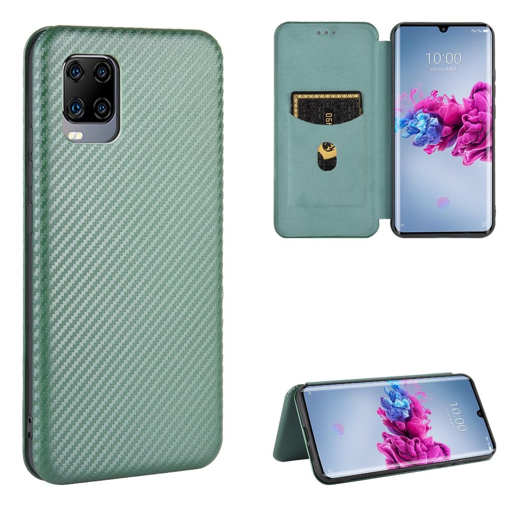 (Ready Stock)For ZTE Axon 11 5G Carbon Fiber Texture Magnetic Horizontal Flip TPU + PC + PU Leather Case with Card Slot(Green)