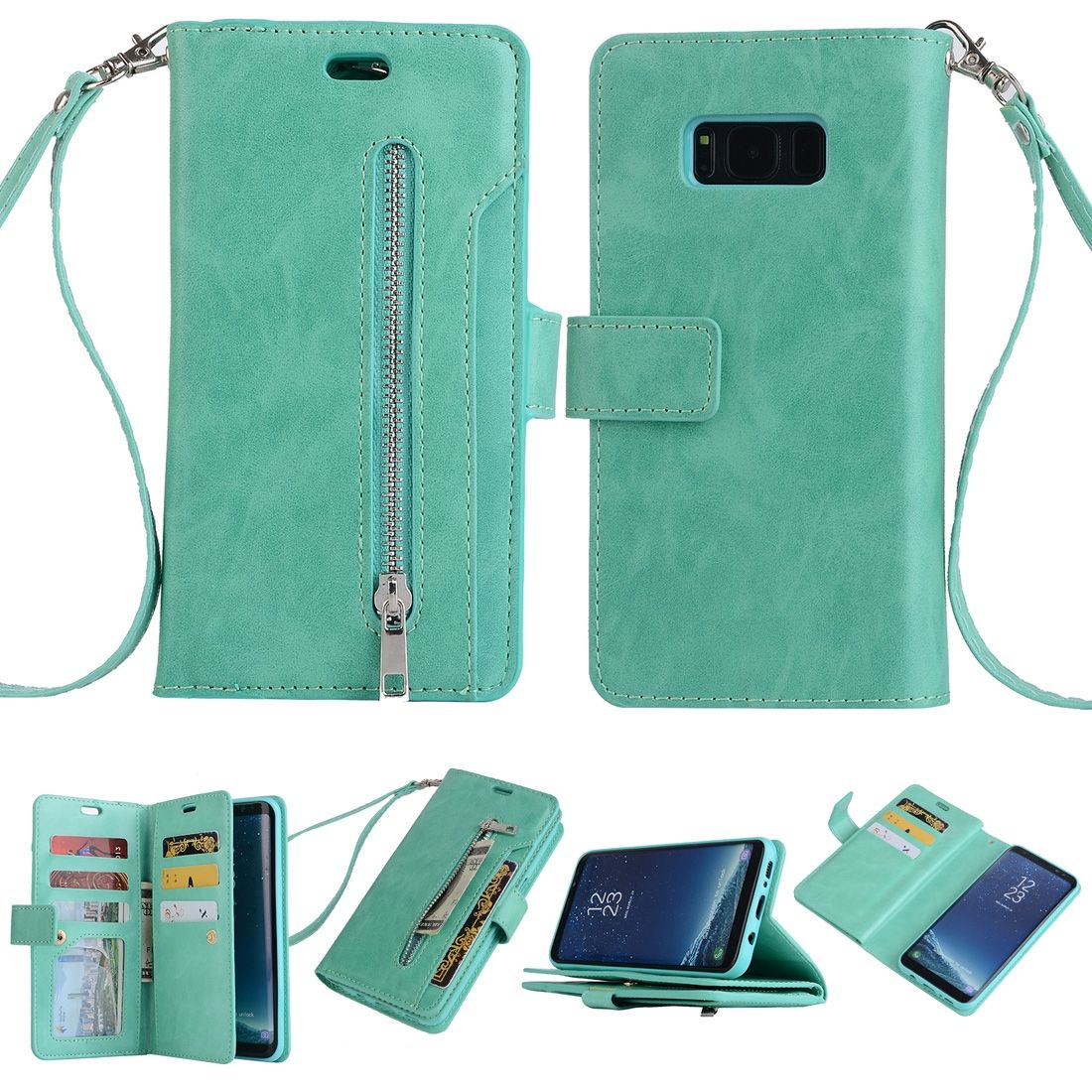 (Ready Stock)For Samsung Galaxy S8 Multifunctional Zipper Horizontal Flip Leather Case with Holder & Wallet & 9 Card Slots & Lanyard(Mint Green)