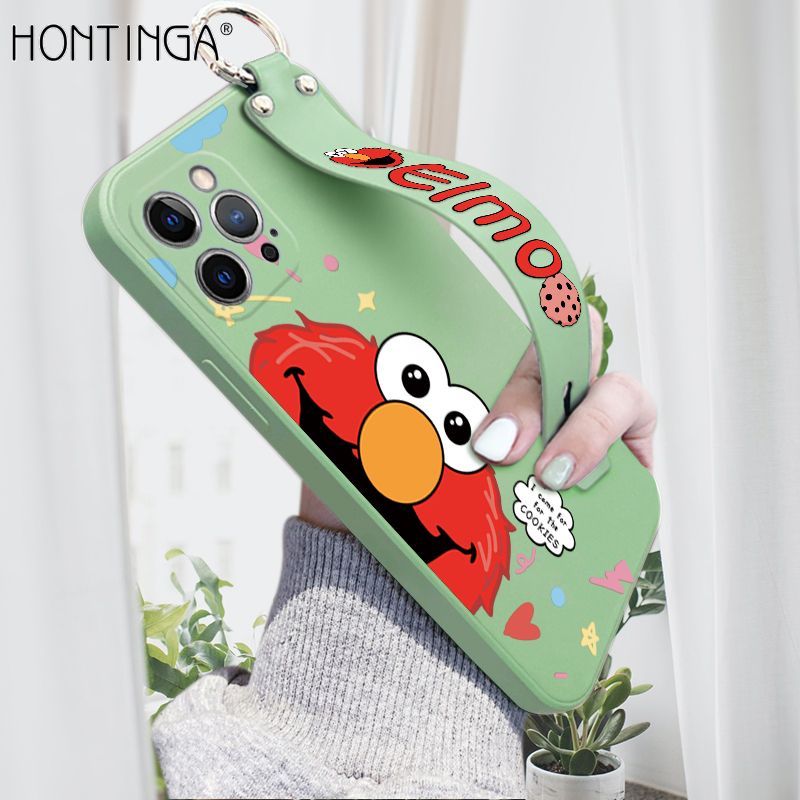 Hontinga for iPhone 12 Pro Wrist Strap Case Cute Cute Cartoon Little Monster Phone Cover Square Edge Liquid Silicone Case Full Cover Camera Shockproof Protective Cases