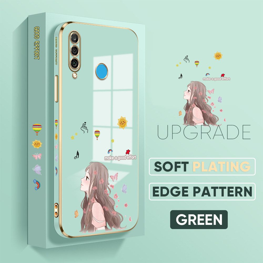 TA for Huawei P30 Lite / Nova 4E Back Cover + Free Lanyard Charming Girl Luxury 6D Plating Case Side Pattern Soft Silicone Square Phone Cases