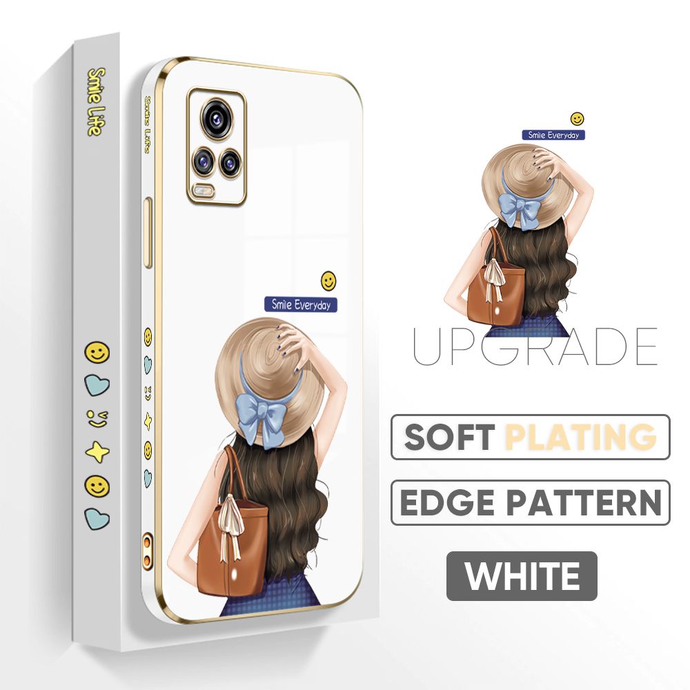 Jizetin (Free Lanyard) Vivo V20 / V20 2021 Back Cover Girl In Hat Luxury 6D Plating Case Side Pattern Soft Silicone Square Mobile Phone Cases
