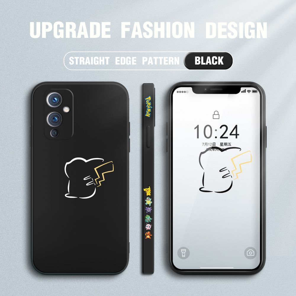 Jizetin for OnePlus 9 Case New Pikachu Pokémon Design Side Design Phone Case Square Edge Pattern Liquid Silicone Cases Full Cover Camera Soft Protection Case