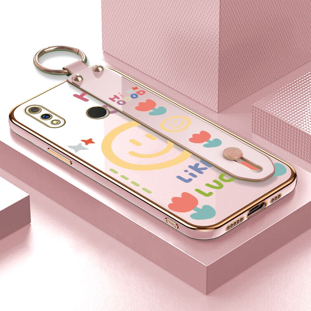 ZeroQiQi for Realme 3 Pro Wrist Strap Back Cover Flower Smiley Fashion Luxury 6D Plating Soft Casing Silicone Square Frame Phone Case