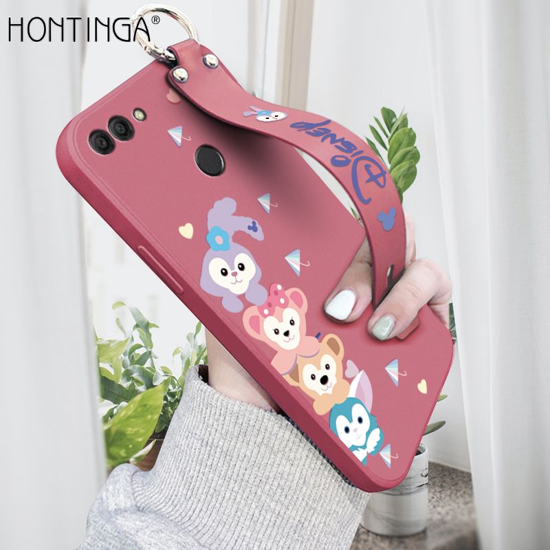 Hontinga for Huawei Y9 2018 Back Cover Wrist Strap Cartoon Rabbit Fox Case Square Printed Pattern Liquid Silicone Phone Cases