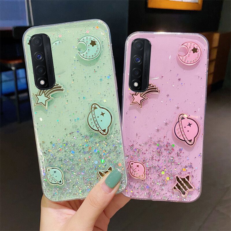 Phone case Realme Narzo 30 Shiny Ring Case Glitter Soft Transparent Space Planet Cases For Realme Narzo30 Back Cover Stars Moon Girls