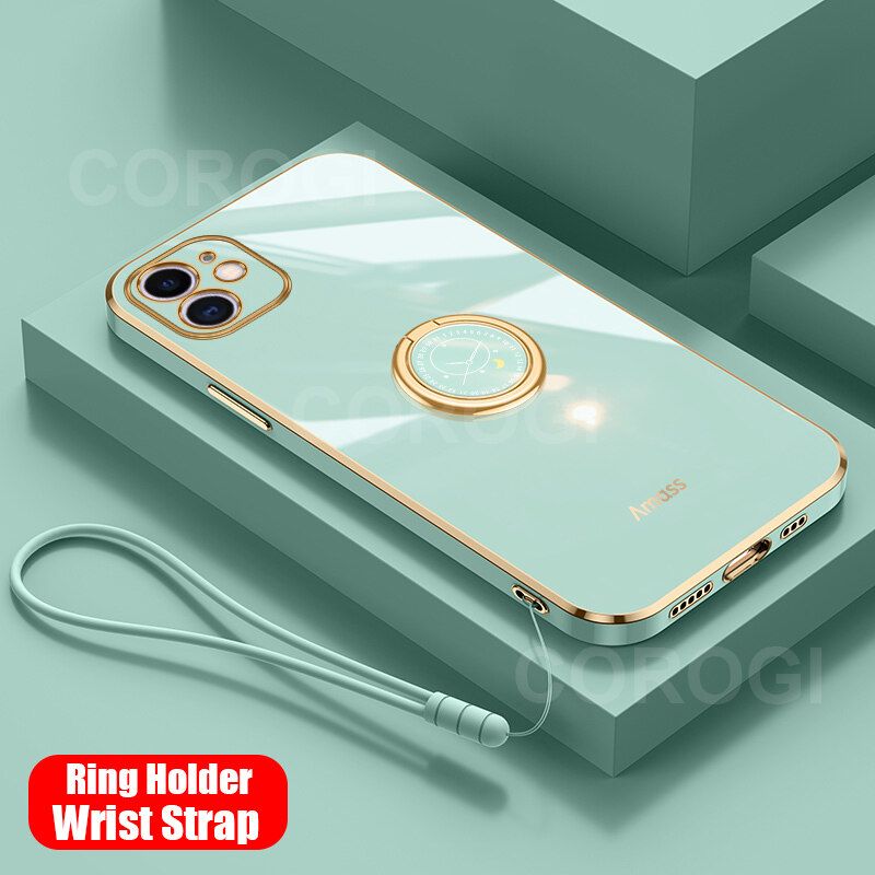 For iPhone 12 Mini Back Cover with Ring Holder Stand + Wrist Strap Shiny Plating Square Bumper Protective Case Soft Silicone Shockproof Mobile Phone Cases