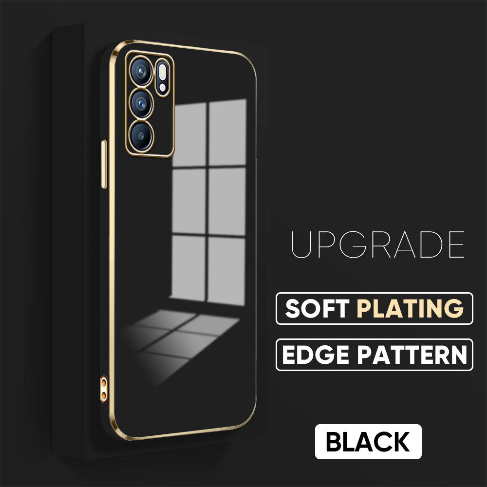 TA for OPPO Reno6 5G Cover Luxury 6D Plating Soft Casing Silicone Square Frame Phone Case Shiny Bling Back Cover + Free Lanyard
