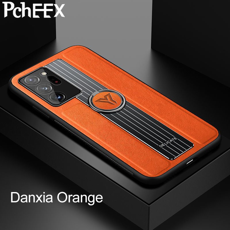 For Samsung Galaxy Note 20 Ultra Phone Case, Ring Car Mount Drop Resistant Luxury Metal High Gloss Leather Cover
