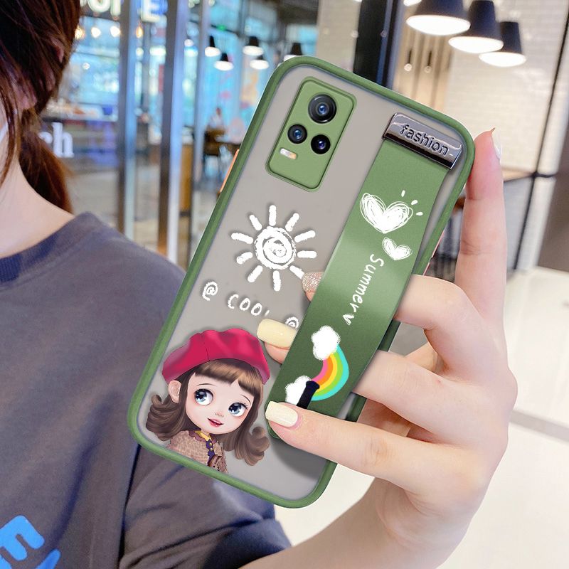 UCUC for VIVO V21E Wrist Strap Case Lovely Cartoon Red Hat Girl Wristband Printing Cover Shockproof Frosted Phone Case
