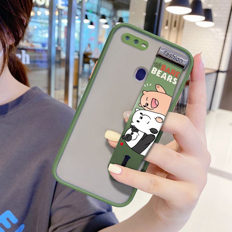 UCUC for OPPO F9 Wrist Strap Case Cute Cartoon Three Little Bears Wristband Printing Cover Shockproof Frosted Phone Case