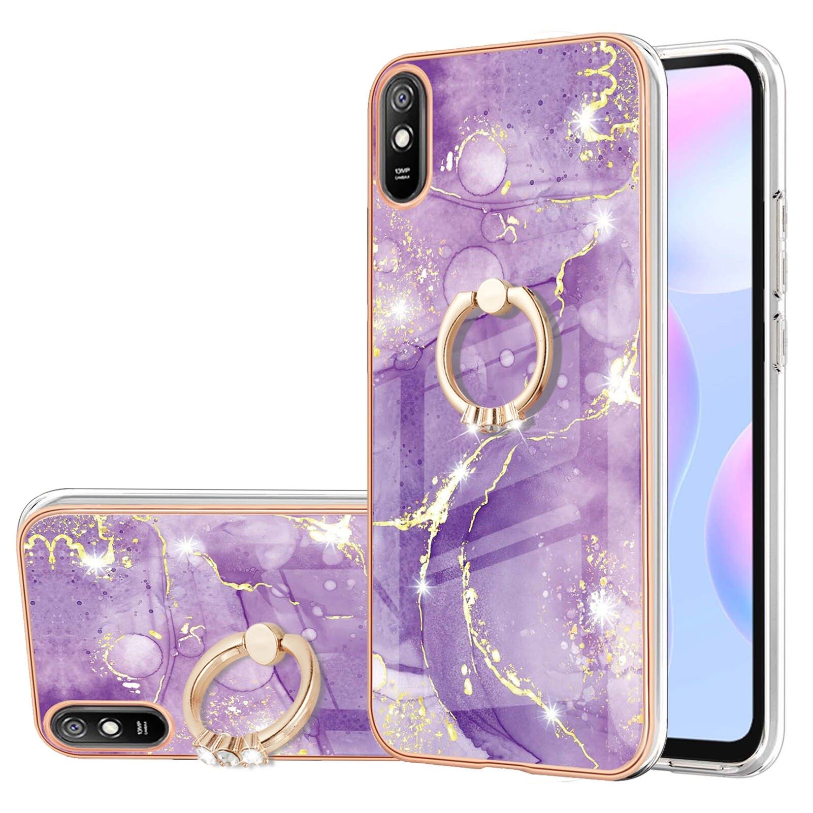 Case for Xiaomi Redmi 9A Marble Pattern Hybrid Hard Back Soft TPU Bumper Case Cover with Ring Holder Stand