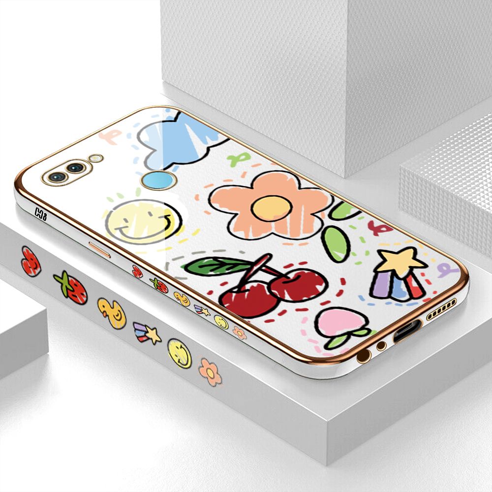 Luxury 6D Plating Case for Realme U1 Color Cartoon cherry Peach Side Pattern Back Cover Soft Silicone Square Frame Shiny Bling Phone Cases + Free Lanyard