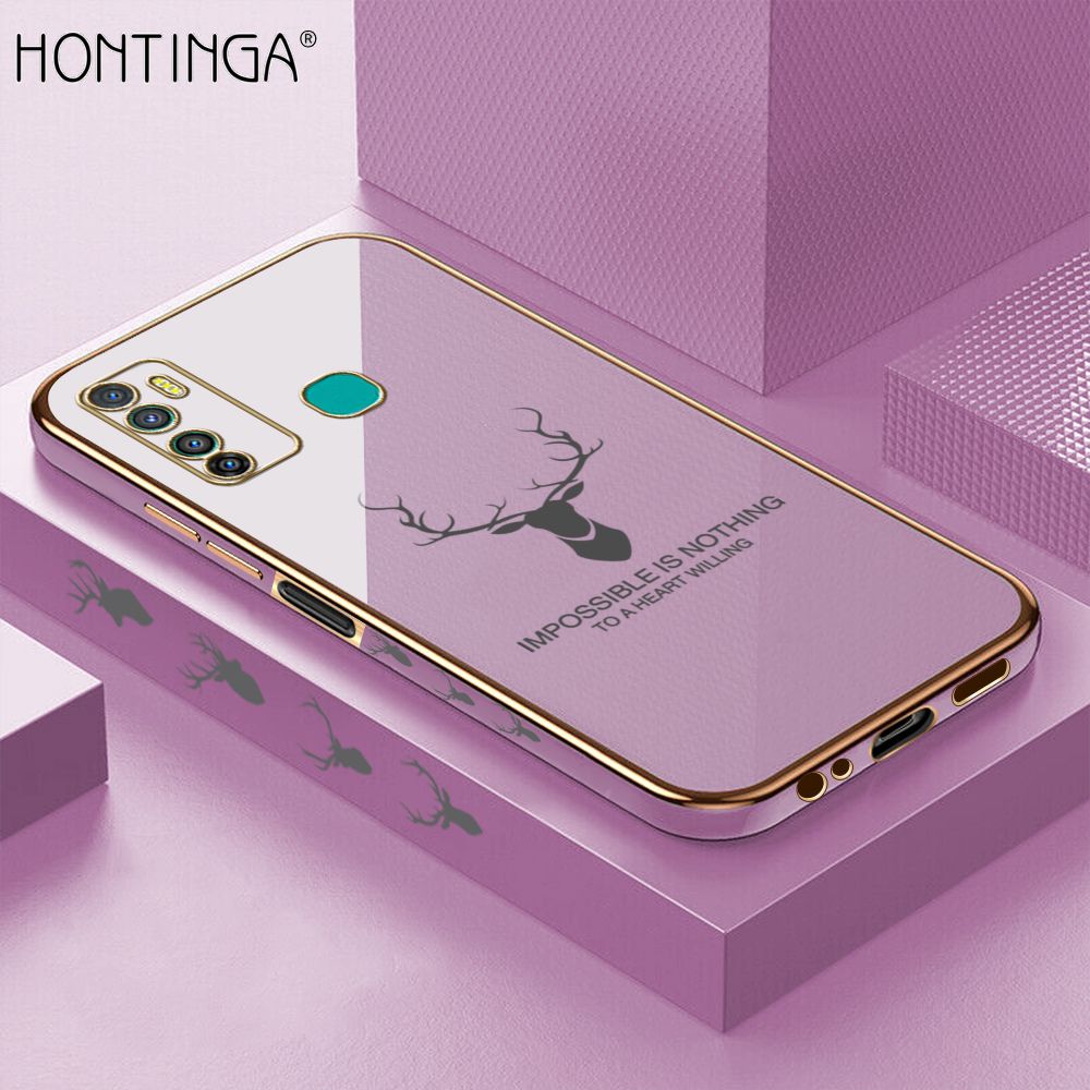 Hontinga for Infinix Hot 9 Back Cover + Free Lanyard Luxury 6D Plating Cartoon Lucky Deer Side Pattern Case Soft Silicone Square Phone Cases