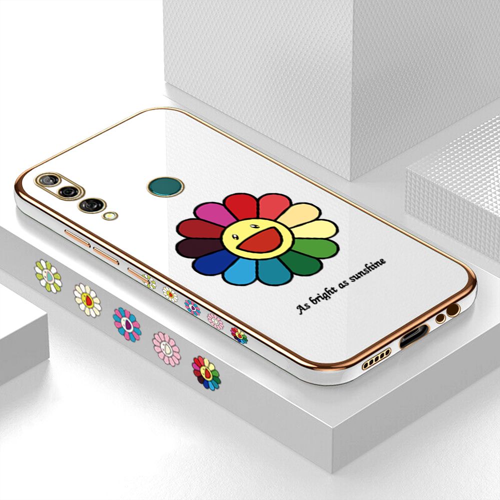 Luxury 6D Plating Case for Huawei Y9 Prime 2019 Colored Sunflower Side Pattern Back Cover Soft Silicone Square Frame Shiny Bling Phone Cases + Free Lanyard