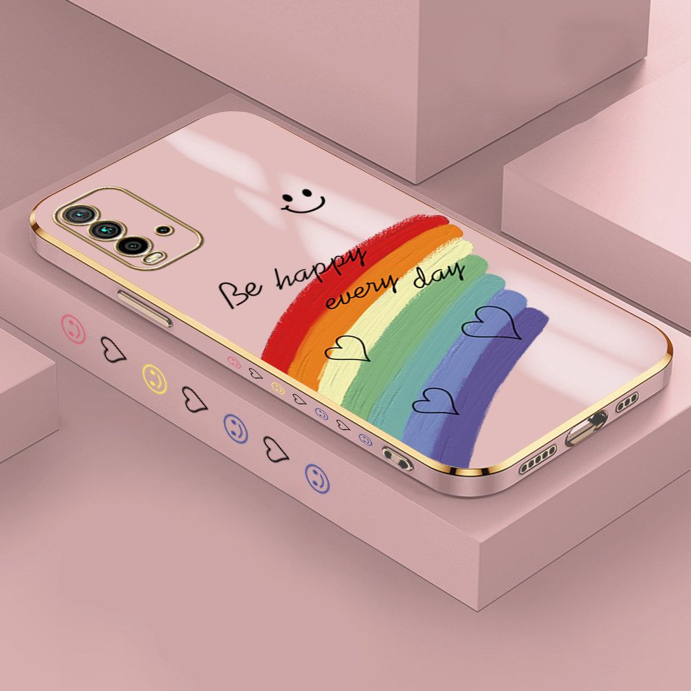 Jizetin (Free Lanyard) Redmi 9T / Redmi 9 Power Case Rainbow Doodle Luxury 6D Plating Soft Casing Silicone Ultra Thin Phone Cover