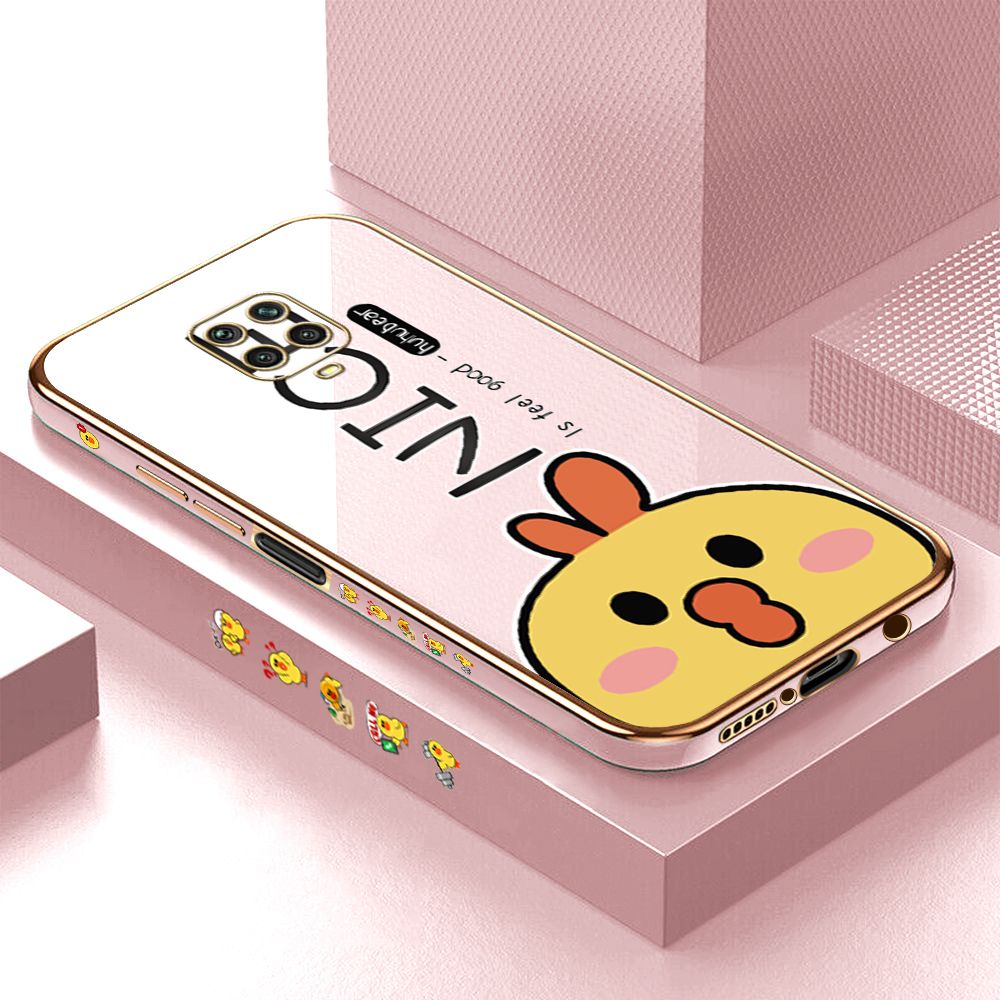 Luxury 6D Plating Case for Xiaomi Redmi Note 9S Cartoon Cute Doodle Chicken Side Pattern Back Cover Soft Silicone Square Phone Cases + Free Lanyard