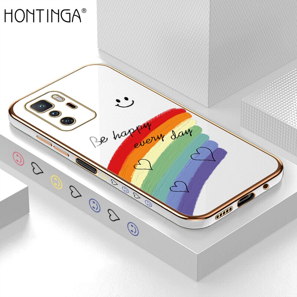 Hontinga for Xiaomi Poco X3 GT Back Cover + Free Lanyard Luxury 6D Plating Smile Rainbow Side Pattern Case Soft Silicone Square Mobile Cover
