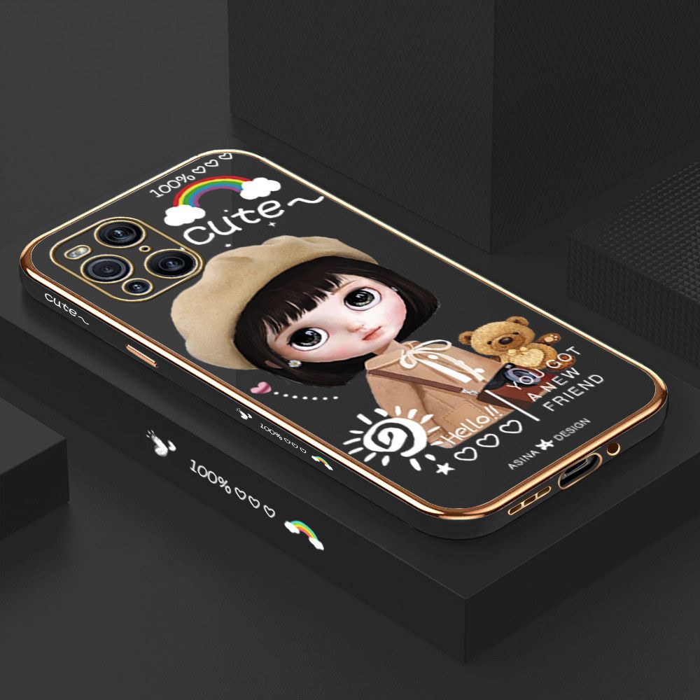 Luxury 6D Plating Soft Casing Silicone Square Frame Phone Case For OPPO Find X3 Case Shiny Bling Back Cover Cute Girl With Shoulder Bag Square Edge Pattern Design Soft Case + Free Lanyard