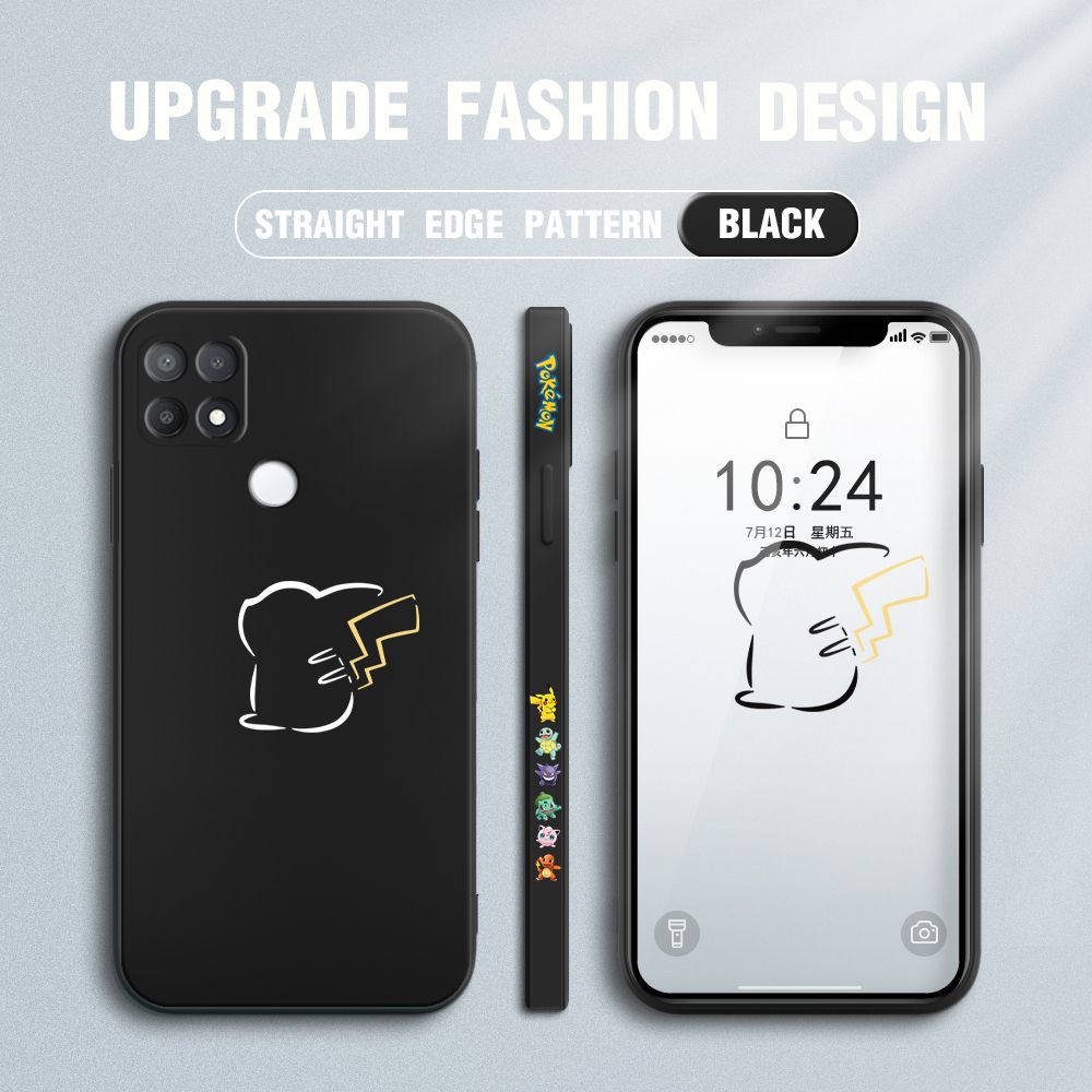 Jizetin for OPPO A15S / A15 Case New Pikachu Pokémon Design Side Design Phone Case Square Edge Pattern Liquid Silicone Cases Full Cover Camera Soft Protection Case