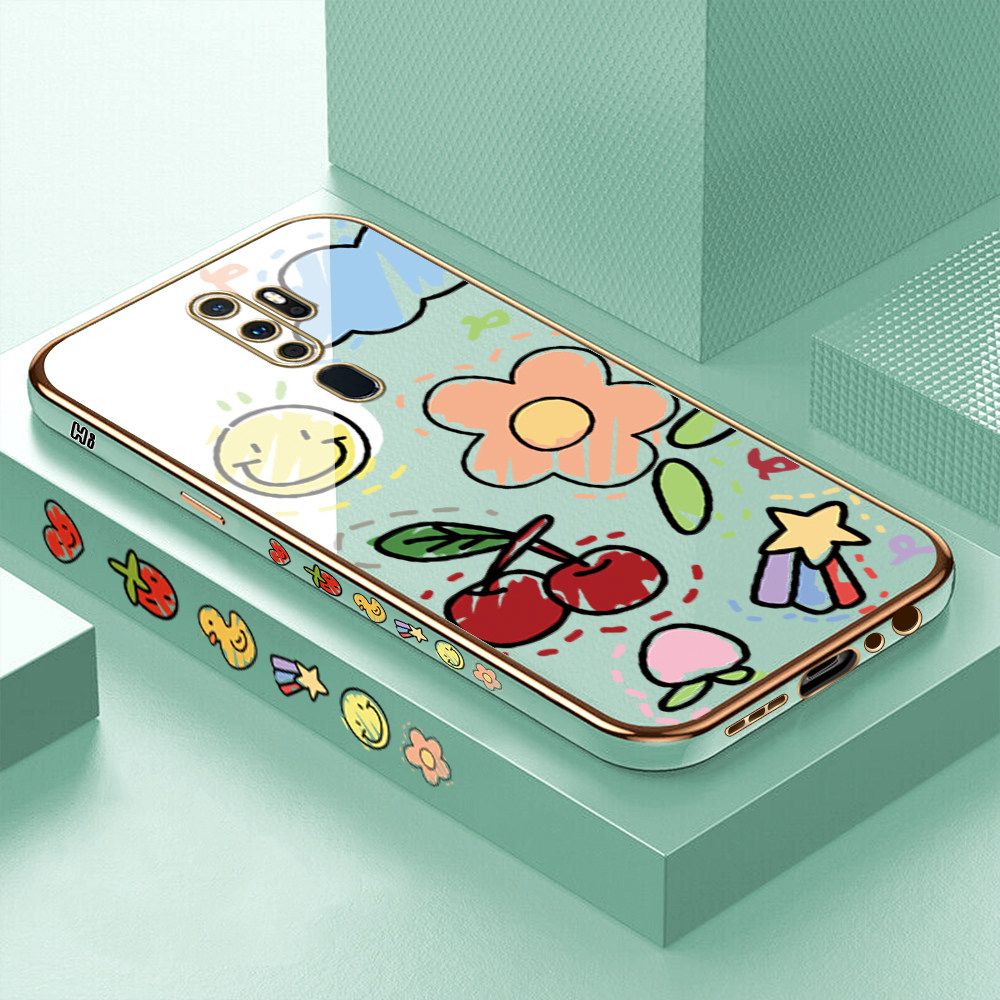 Luxury 6D Plating Case for OPPO A9 2020 Color Cartoon cherry Peach Side Pattern Back Cover Soft Silicone Square Frame Shiny Bling Phone Cases + Free Lanyard