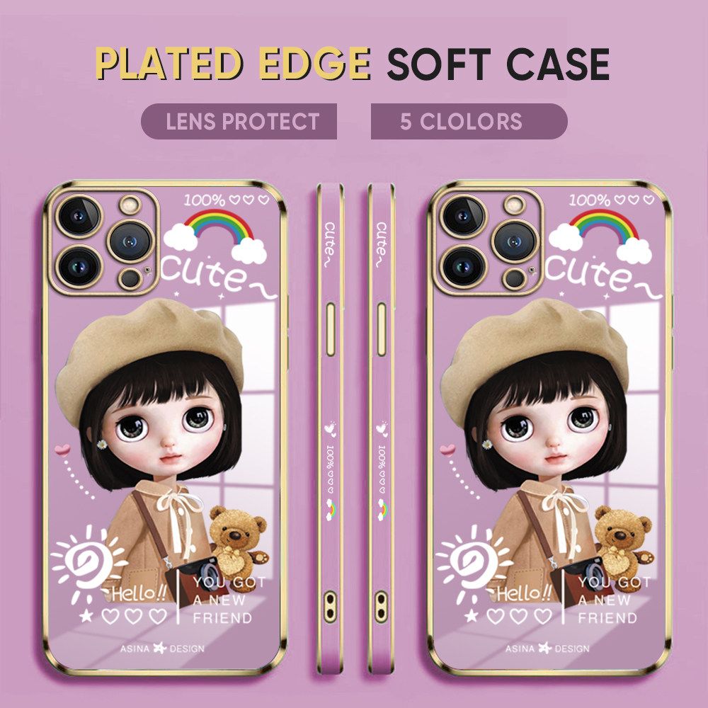 Luxury 6D Plating Case for iPhone SE 2020 Phone Cases Satchel Girl Side Print Soft Silicone Square Back Cover