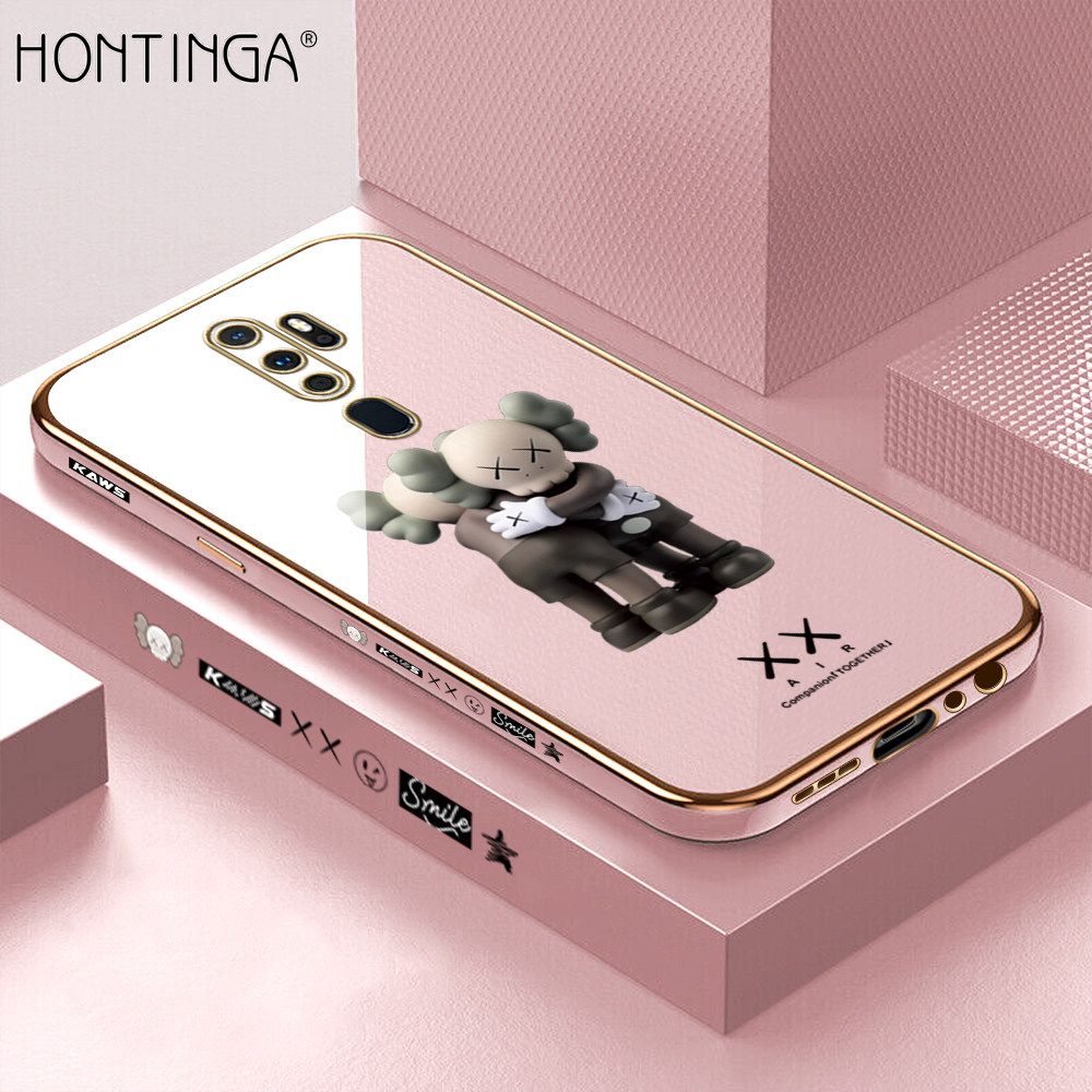 Hontinga for OPPO A5 2020 / A9 2020 Back Cover + Free Lanyard Luxury 6D Plating Cartoon Hug bear Side Pattern Case Soft Silicone Square Mobile Cover
