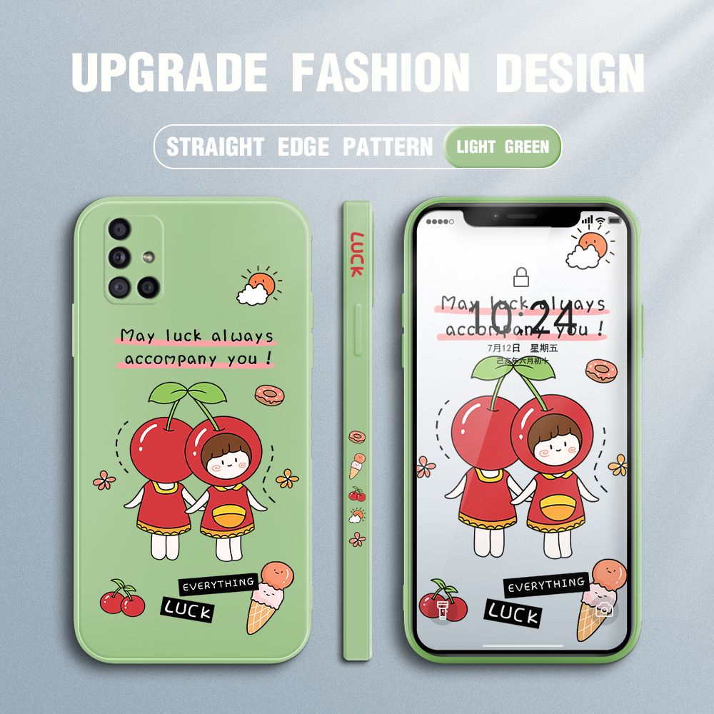 Jizetin for Samsung Galaxy A51 Case Fashion Cherry Girl Design Side Design Phone Case Square Edge Pattern Liquid Silicone Cases Full Cover Camera Shockproof Protective Case