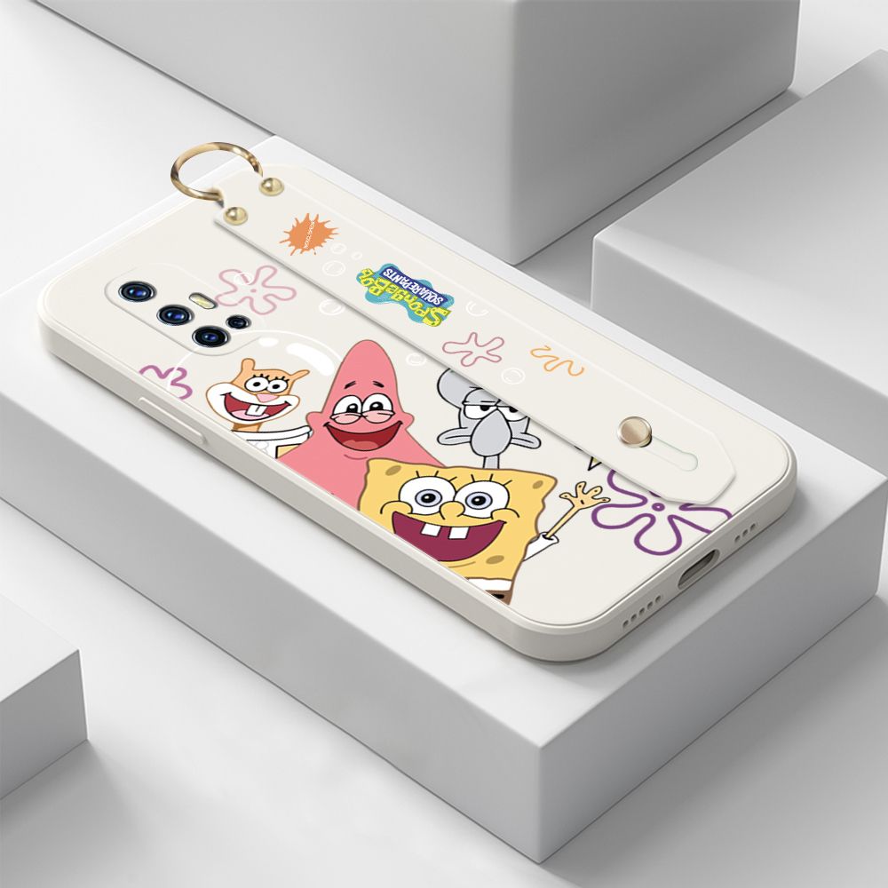 ZeroQiQi for Vivo V17 Wrist Strap Case Cute Cute Funny Cartoon Sponge for Square Pants Cover Square Edge Liquid Silicone Anti-drop Phone Case