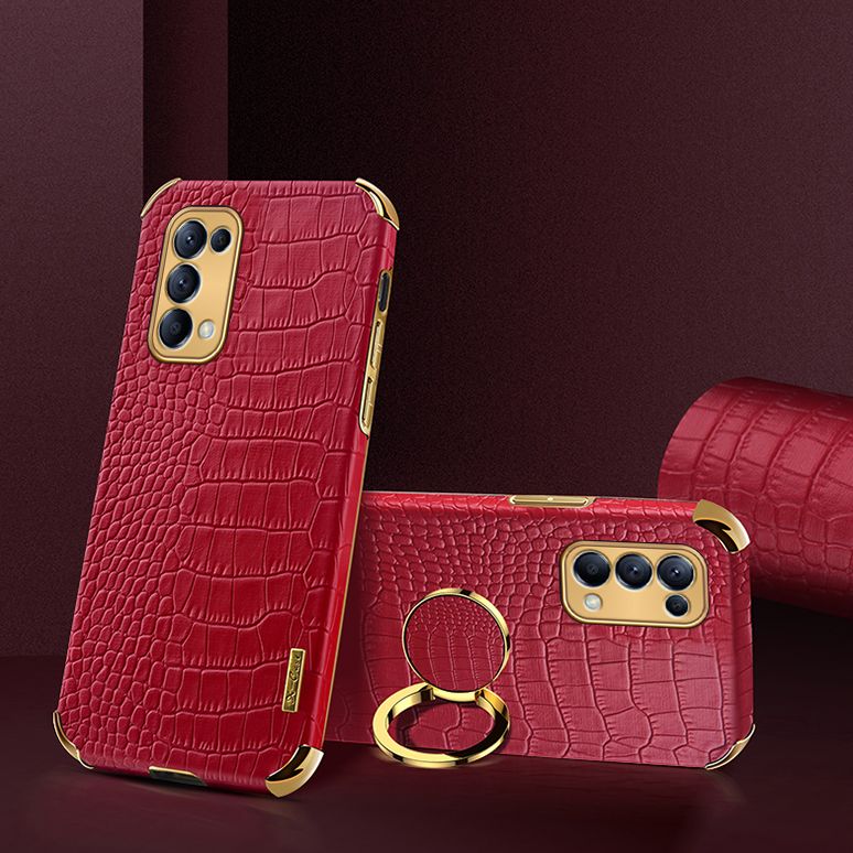 Luxury Plated Crocodile Pattern Leather Holder Phone Case For OPPO Reno5 Pro 5G Magentic Car Ring Stand Cover