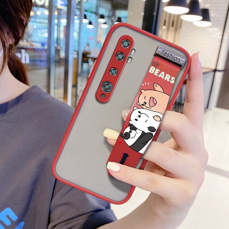 UCUC for Xiaomi Mi Note 10 Pro Wrist Strap Case Cute Cartoon Three Little Bears Wristband Printing Cover Shockproof Frosted Phone Case