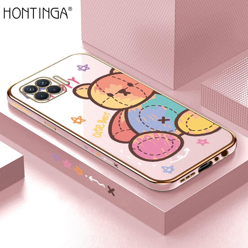 Hontinga for OPPO F17 Pro A93 2020 Back Cover + Free Lanyard Luxury 6D Plating Color Doll Bear Side Pattern Case Soft Silicone Square Mobile Cover