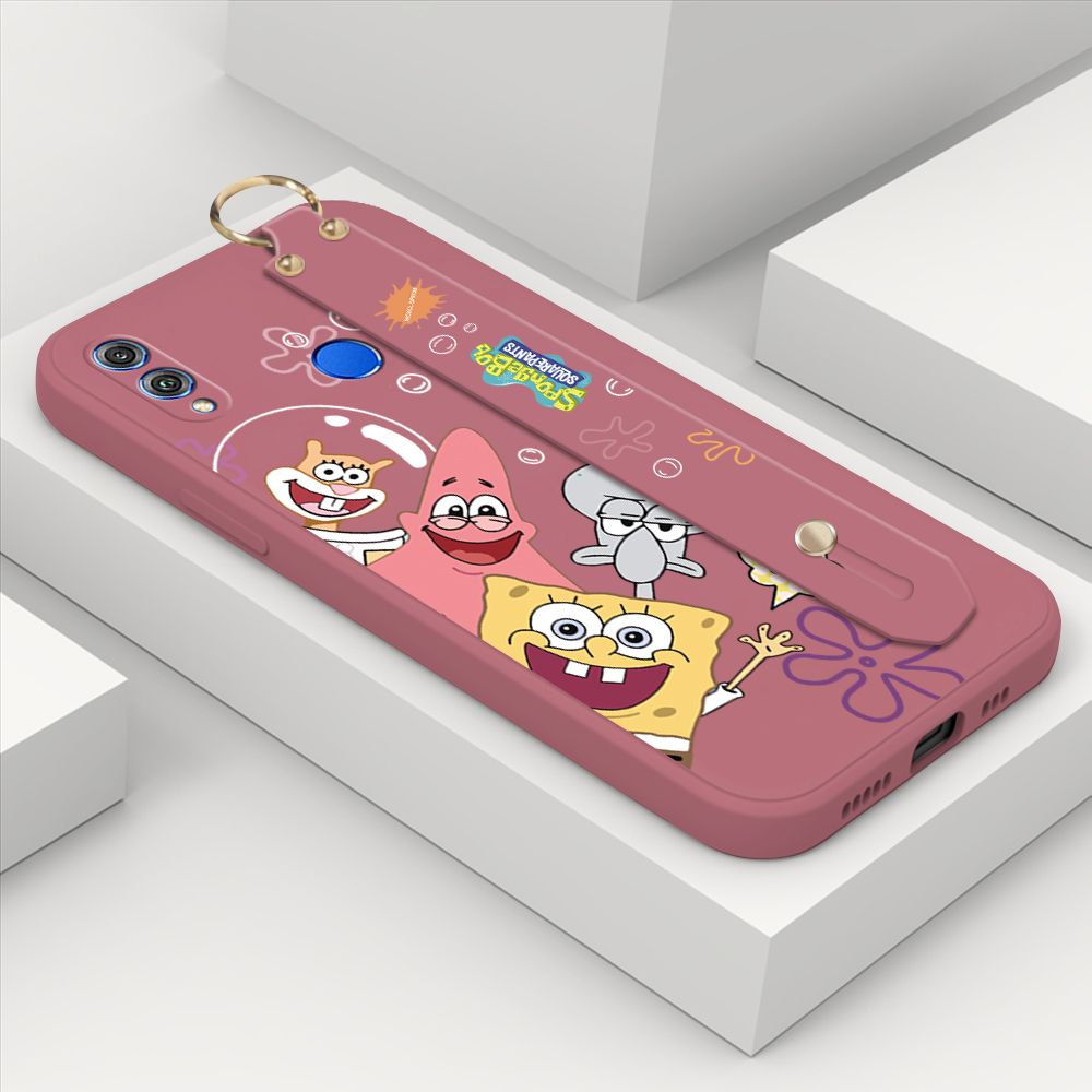 ZeroQiQi for Honor 8X Wrist Strap Case Cute Cute Funny Cartoon Sponge for Square Pants Cover Square Edge Liquid Silicone Anti-drop Phone Case