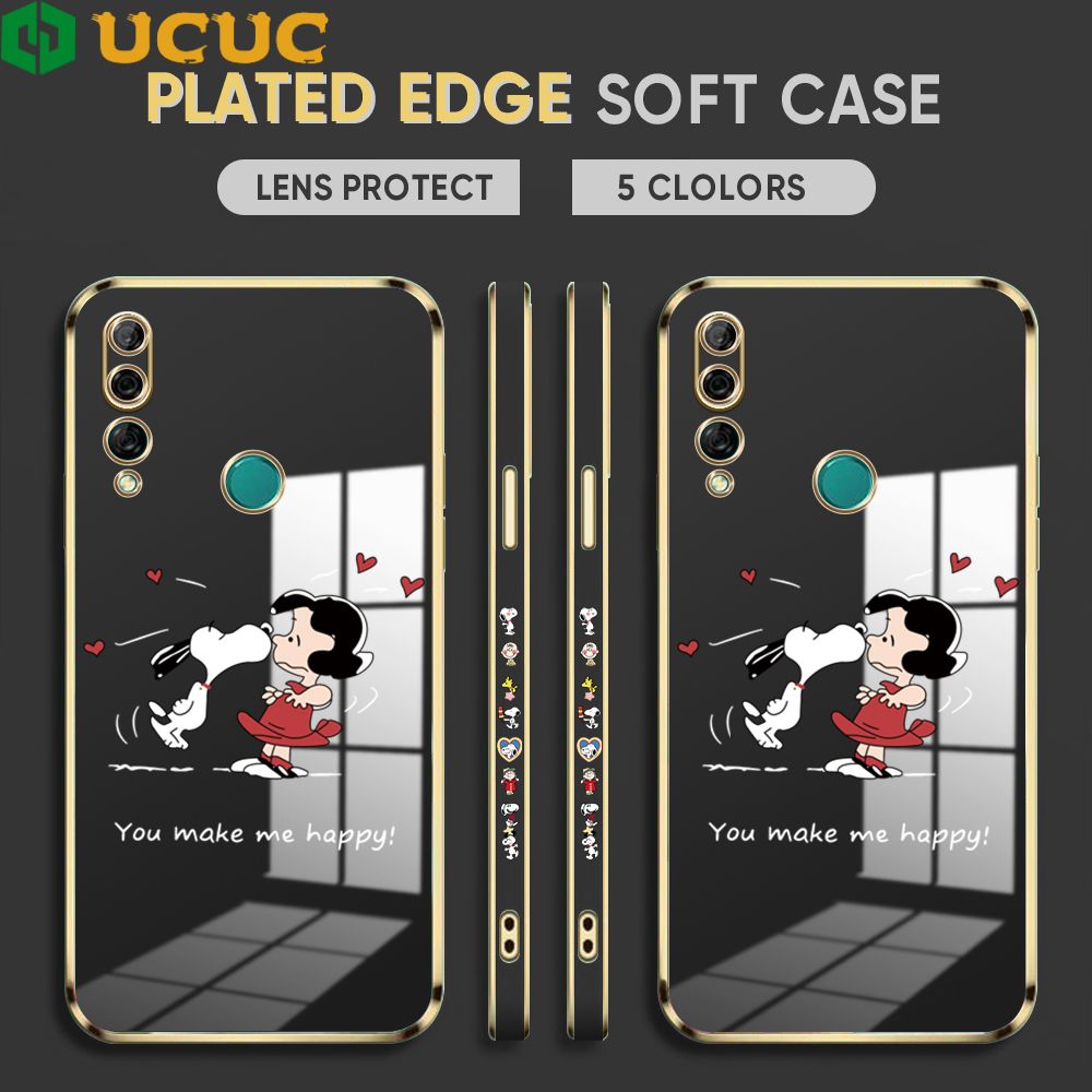 UCUC for Honor Y9 Prime 2019 Back Cover + Free Lanyard Happy Puppy Luxury 6D Plating Case Side Pattern Soft Silicone Square Phone Cases