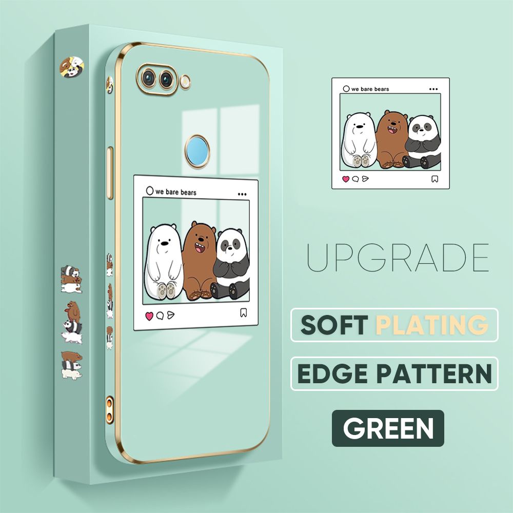 Jizetin (Free Lanyard) OPPO F9 / Realme 2 Pro Cover Bears Photo Luxury 6D Plating Soft Casing Silicone Square Frame Phone Case Shiny Bling Back Cover