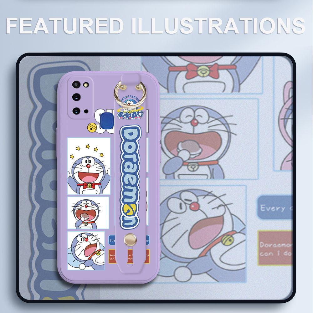 UCUC for Samsung Galaxy M31 Wrist Strap Case Creative Cartoon Doraemon's Daily Life Cover Ultra Thin Anti Fall Liquid Silicone Phone Case