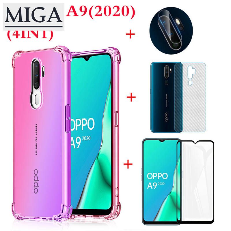 （4in1）OPPO A9(2020) case with tempered Realme C3 / Realme 5 / Realme 6 four-corner drop-resistant gradient mobile phone case + tempered glass film + lens film + carbon fiber back film