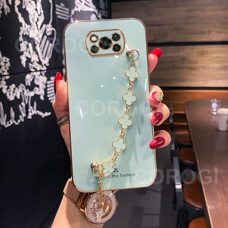 For Xiaomi POCO X3 Pro Back Cover with Lucky Clover Wristband Chain Fashion Bracelet Shiny Plating Square Edge Bumper Phone Case Soft Silicone Bumper Protective Cover