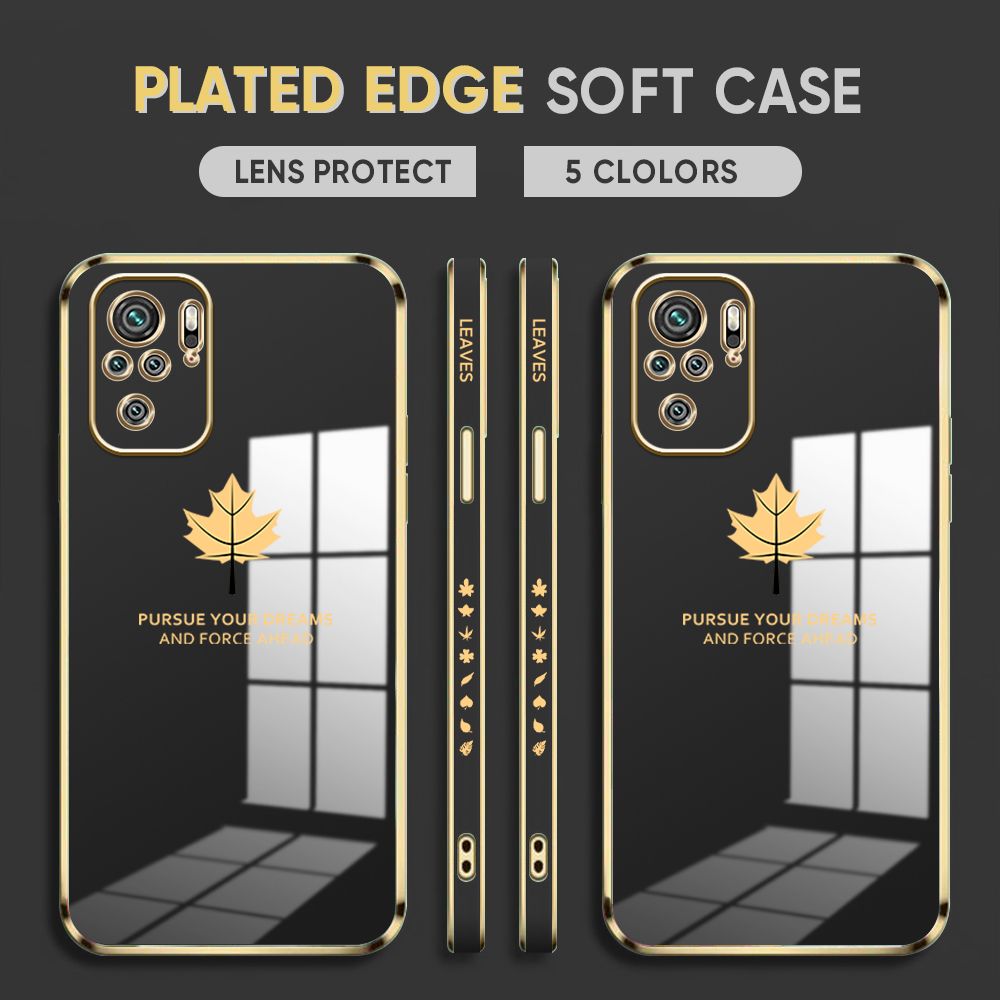 Luxury 6D Plating Case for Redmi Note 10 / Note 10S Back Cover Maple Leaf Side Pattern Soft Silicone Square Phone Cases