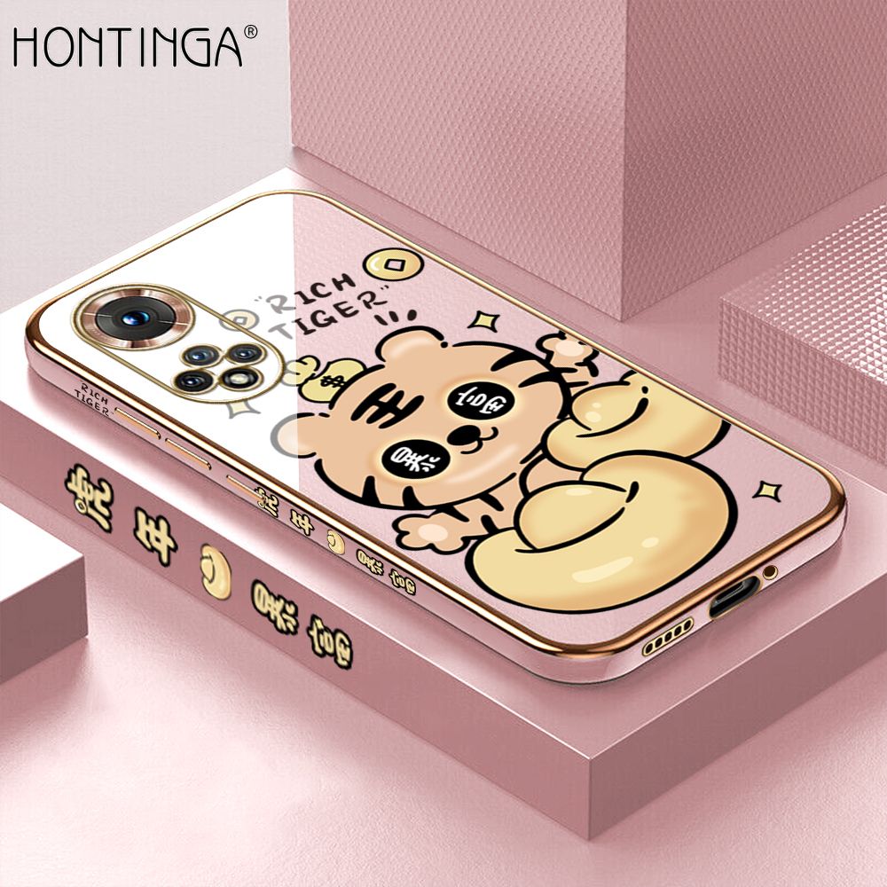 Hontinga for Huawei Nova 9 Back Cover + Free Lanyard Luxury 6D Plating Cartoon Get Rich Tiger Side Pattern Caese Soft Silicone Square Phone Cases