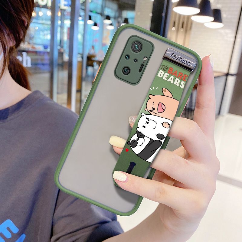 UCUC for Xiaomi Redmi Note 10 Pro Wrist Strap Case Cute Cartoon Three Little Bears Wristband Printing Cover Shockproof Frosted Phone Case