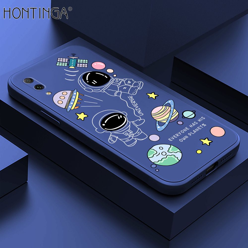 Hontinga for Huawei Y7 Pro 2019 Case Fashion Earth Planet Astronaut Phone Case Soft Square Edge Silicone Cases Full Lens Cover Shockproof Protection Cover